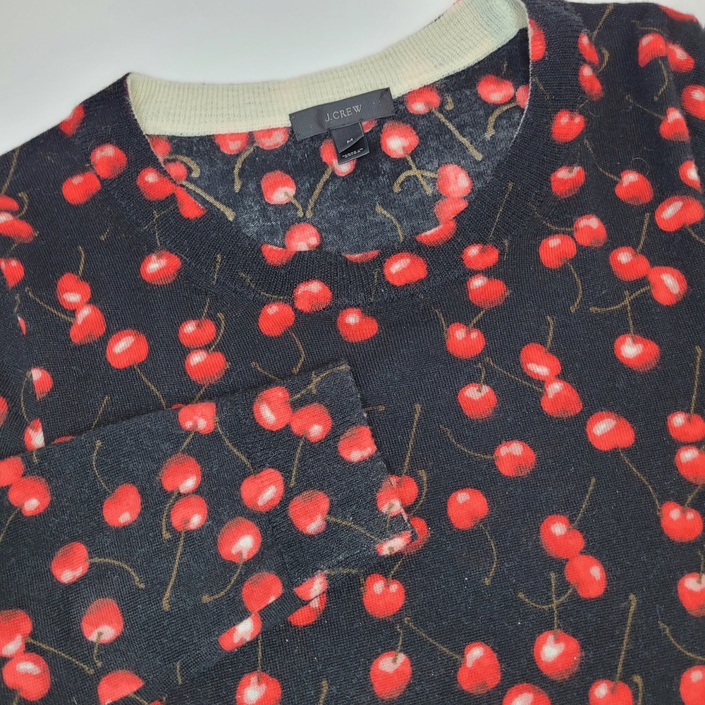 J.Crew Cherry Print Merino Wool Sweater Womens Medium Black Red F4495 Excellent